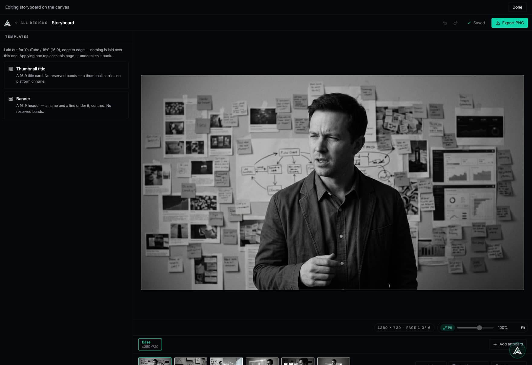 A six-frame storyboard open on the Studio canvas, page 1 of 6