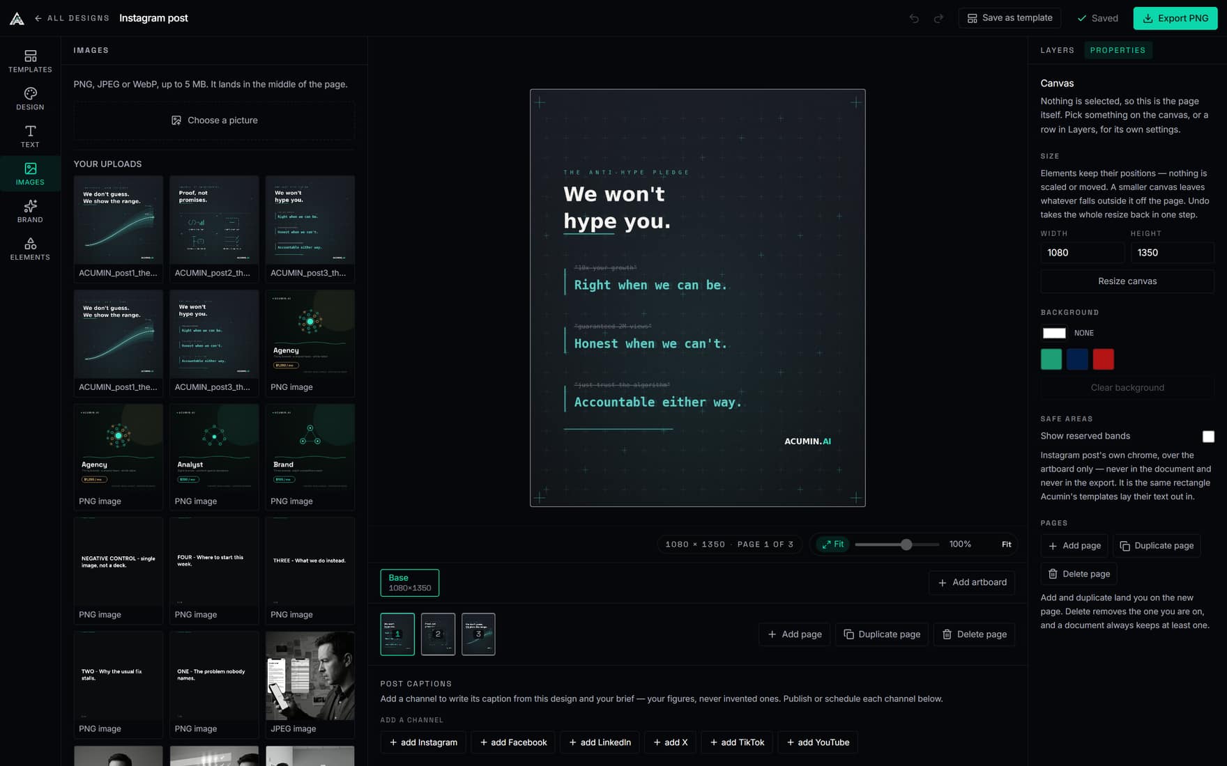 The Studio canvas editing a real design, with per-channel captions and publish-or-schedule below